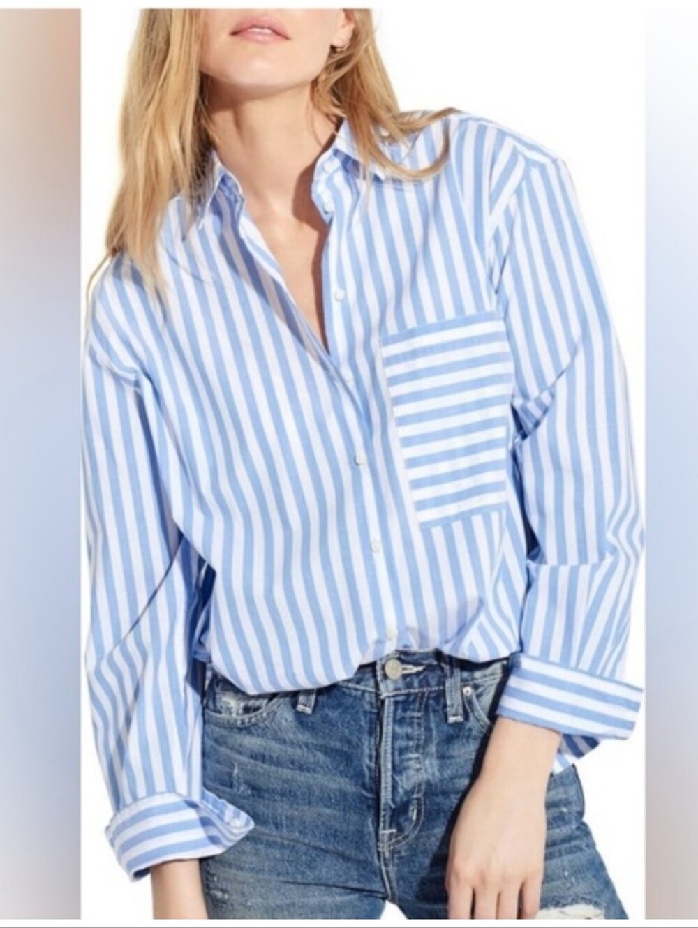 AYR Deep End Striped Button Up Down Front Long Sleeve Casual Blouse Top Shirt L